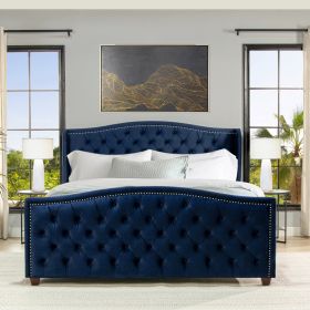 Marcella Upholstered Shelter Headboard Bed Set, King, Navy Blue Velvet