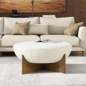 Bali 37" Round Upholstered Cocktail Ottoman with Natural Wood Base, Ivory White Boucle