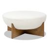 Bali 37" Round Upholstered Cocktail Ottoman with Natural Wood Base, Ivory White Boucle