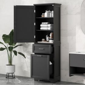 Bathroom Storage Cabinet, Tall Storage Cabinet with Two Drawers, Open Storage, Adjustable Shelf (Color: Black)
