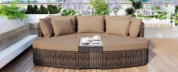 TOPMAX 6-Piece Patio Outdoor Conversation Round Sofa Set, PE Wicker Rattan Separate Seating Group with Coffee Table, Brown (Color: as Pic)